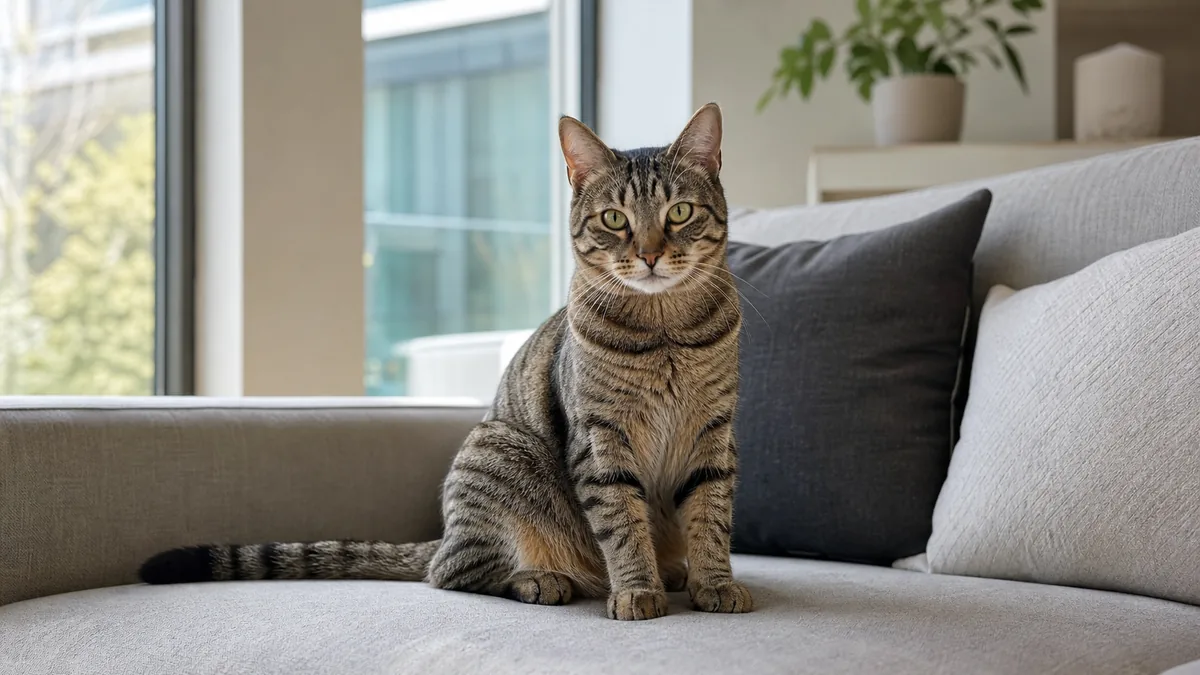 Relaxed tabby cat sitting on a sofa in natural light with tail, ears, eyes, and posture visible