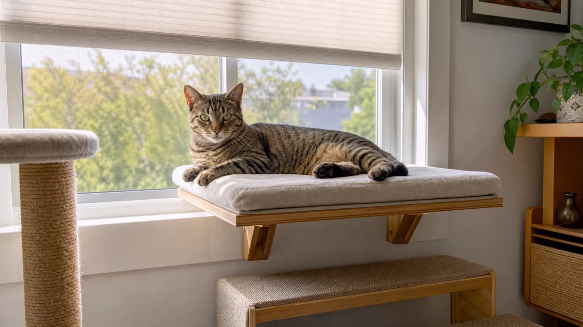Cat relaxing on a sturdy window perch with shade and a safe indoor setup