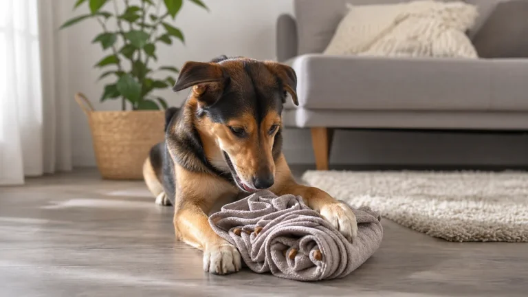 Dog sniffing a towel food puzzle at home for simple enrichment