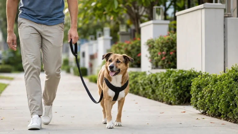 Dog walking calmly on a loose leash beside an owner on a quiet sidewalk