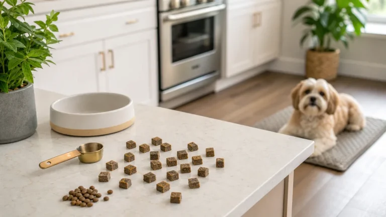 Tiny dog training treats portioned beside kibble and a dog bowl for calorie-aware rewards