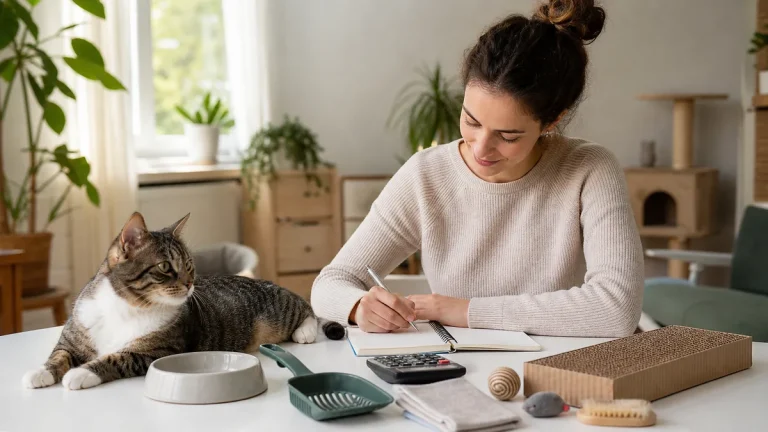 Cat owner organizing a monthly cat care budget with a relaxed cat beside supplies