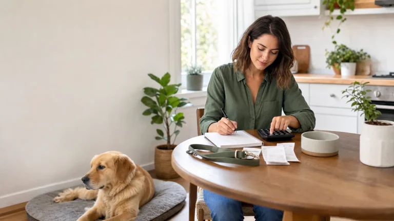 Dog owner planning a monthly dog budget with a notebook while a calm dog rests nearby