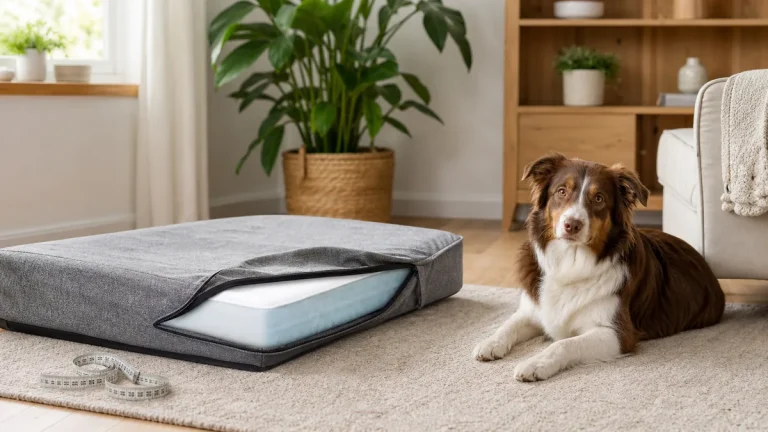Dog bed setup with measuring tape and washable cover for choosing size and support