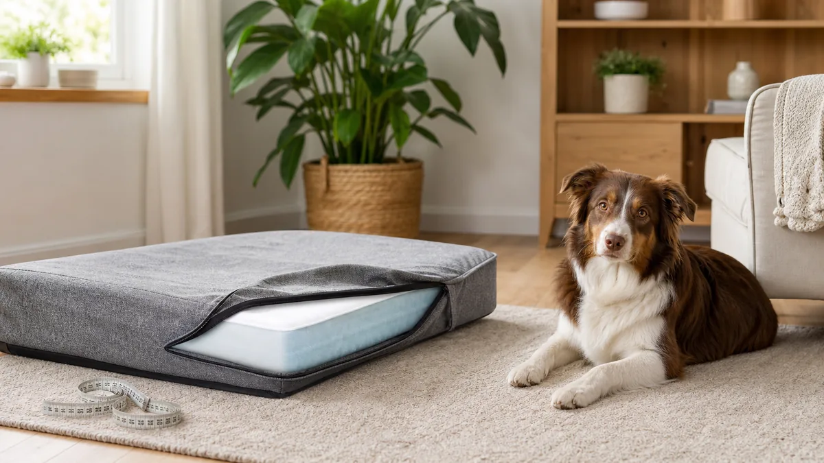 Dog bed setup with measuring tape and washable cover for choosing size and support