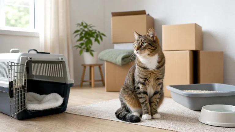 Cat settling in a safe starter room with an open carrier during a house move