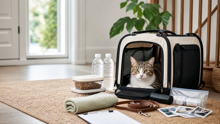 Pet emergency kit with carrier, leash, water, food, documents, towel, and waste bags