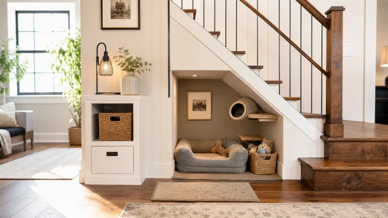 Cozy pet nook with dog bed, cat shelf, washable mat, toy basket, and tidy storage