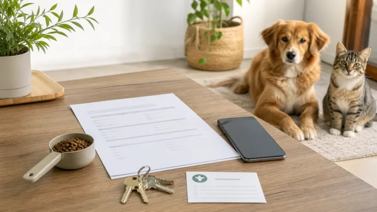 Pet sitter instruction sheet prepared beside dog and cat care supplies