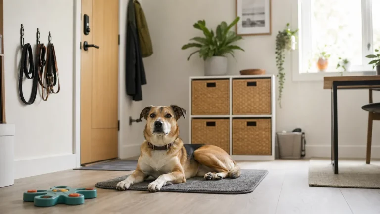 Dog resting calmly in a tidy small apartment with enrichment and walking gear nearby