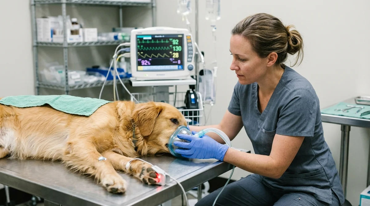 Emergency veterinary clinician administering flow-by oxygen mask to a dog on an intensive care treatment table with multiparameter vital signs monitor