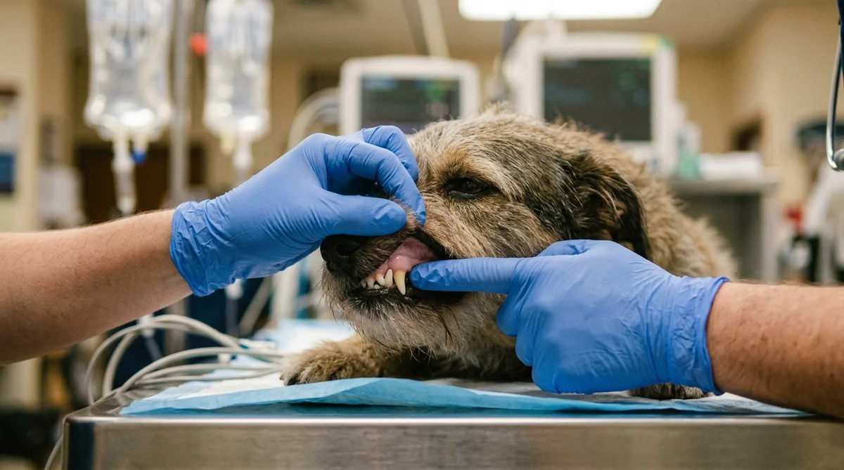 Veterinarian wearing blue nitrile gloves lifting canine upper lip to assess pale mucous membranes and test capillary refill time during shock evaluation