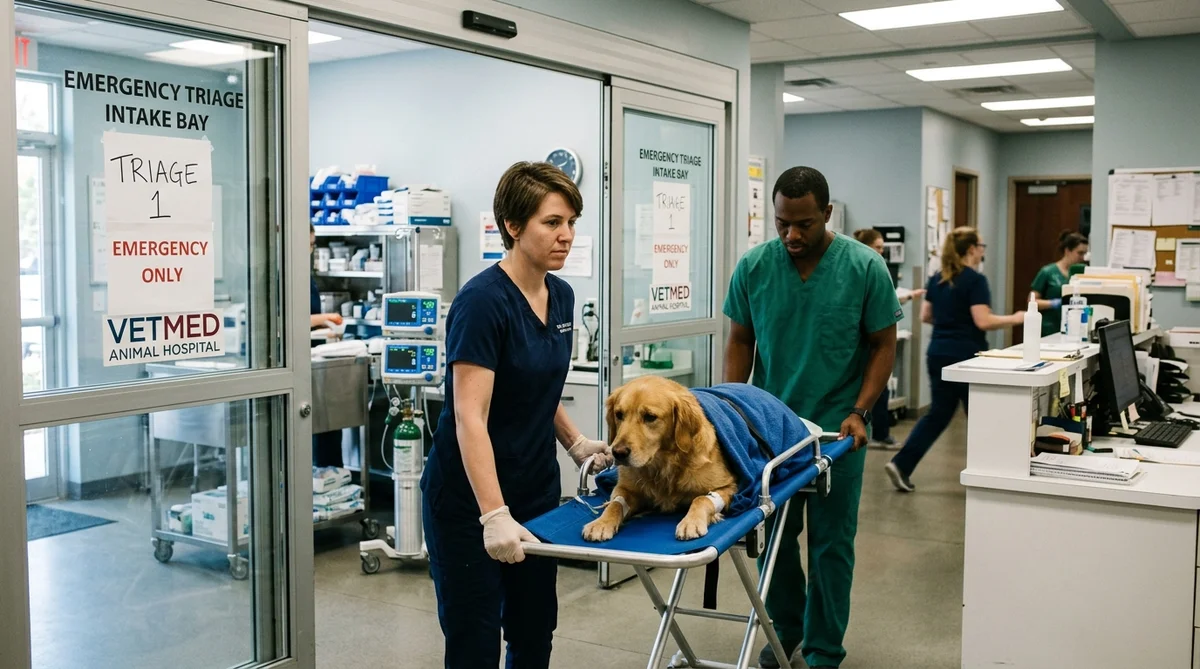 Two veterinary emergency professionals transporting a stabilized canine patient on a clinical stretcher gurney through emergency hospital doors