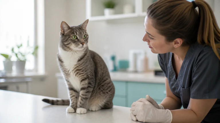 A veterinarian gently preparing a vaccination for a calm domestic cat held securely by an adopter.