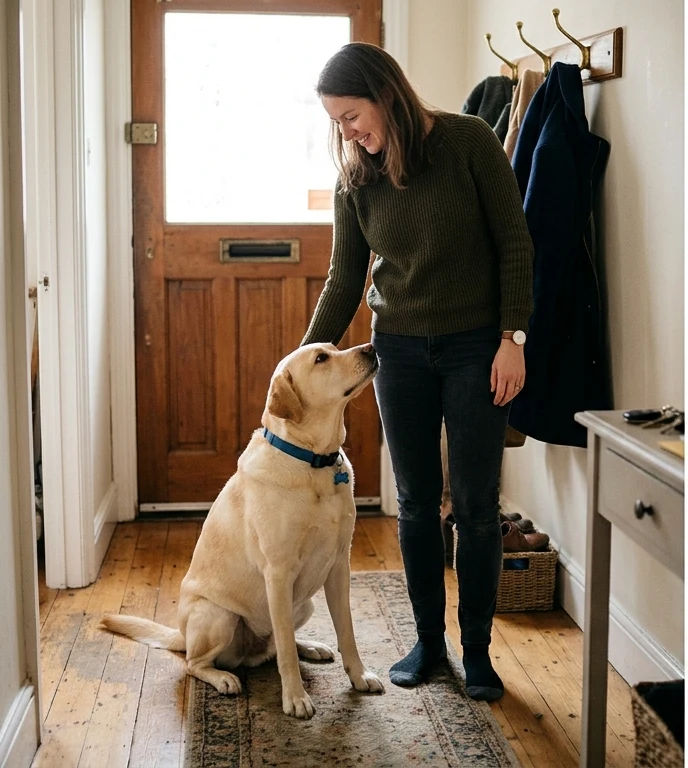 Woman quietly hanging up coat and gently stroking her calm dog with all four paws on the floor