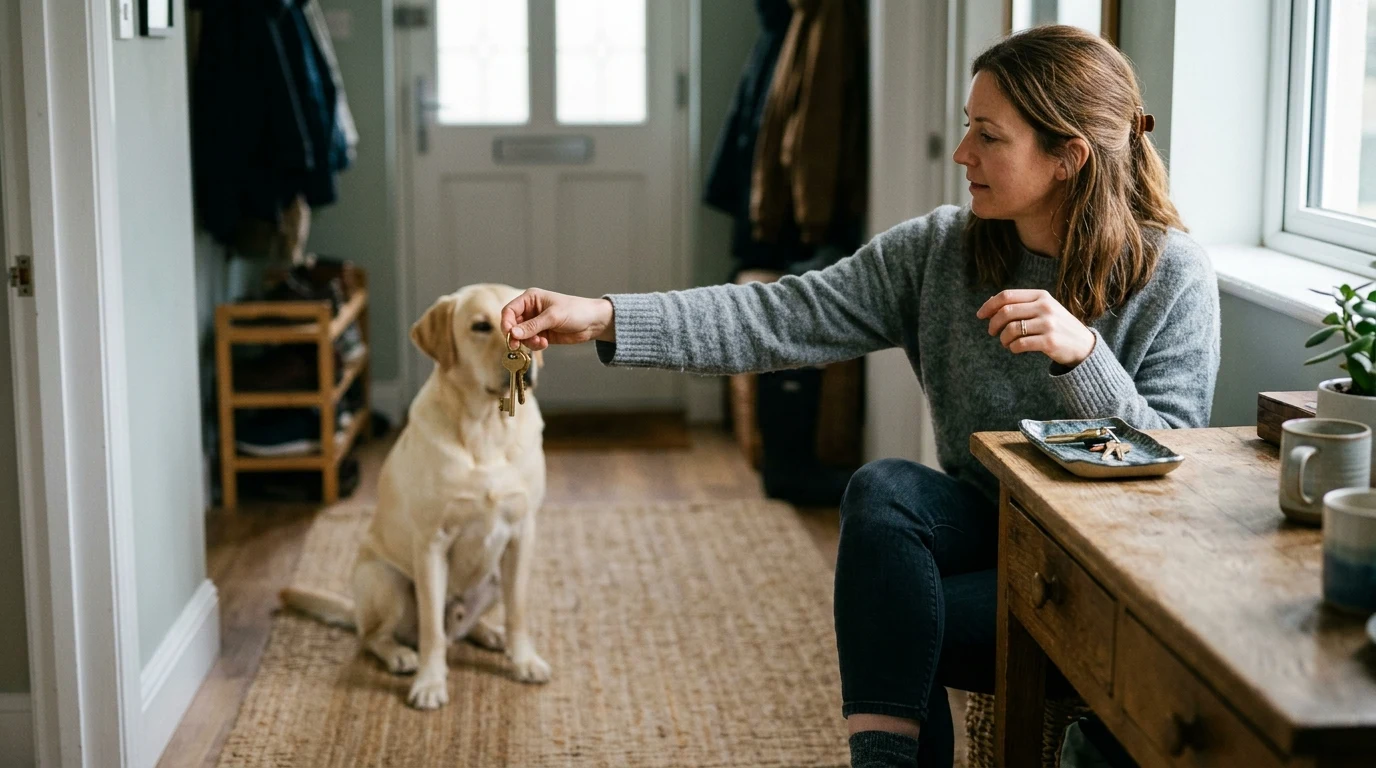 Woman lifting keychain from table as a yellow Labrador sits calmly ignoring the sound