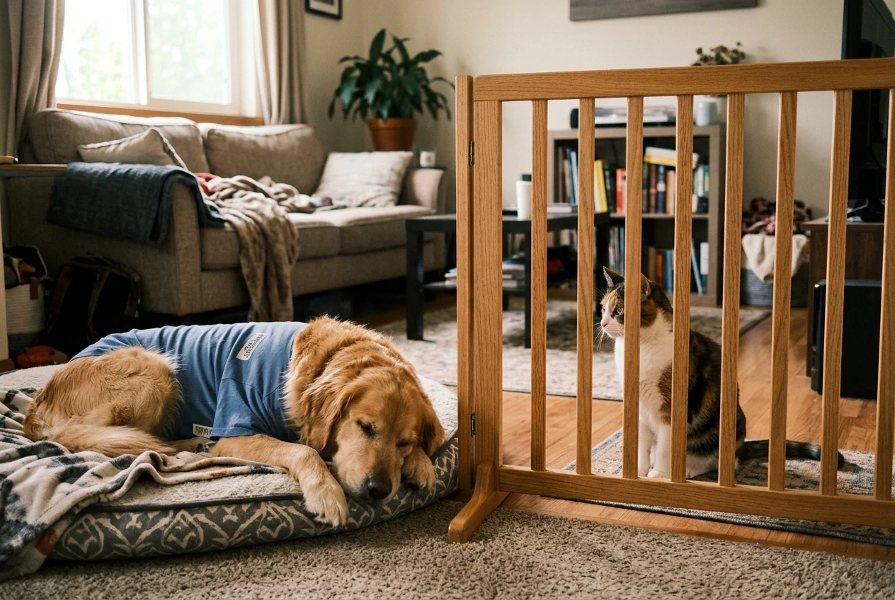 Golden retriever separated by a temporary gate from a cat after topical flea preventative application