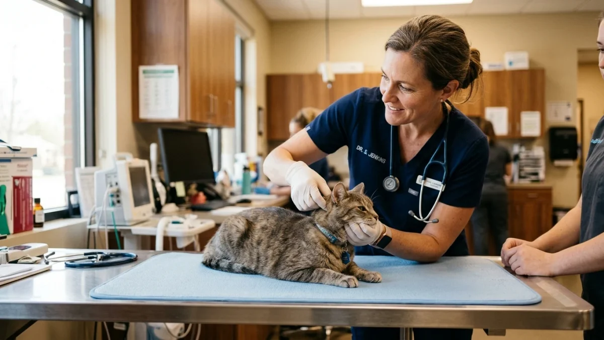 Veterinarian gently performing skin turgor dehydration test and examining a senior cat on an examination table.
