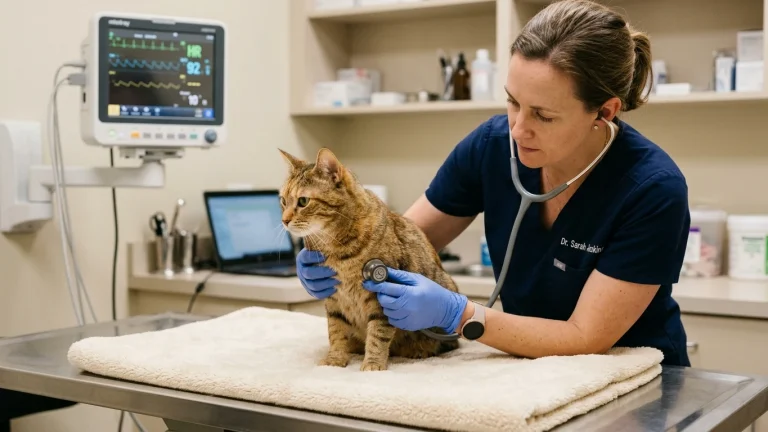 A veterinarian gently listening to the chest of a cat with a pediatric stethoscope in an exam room.