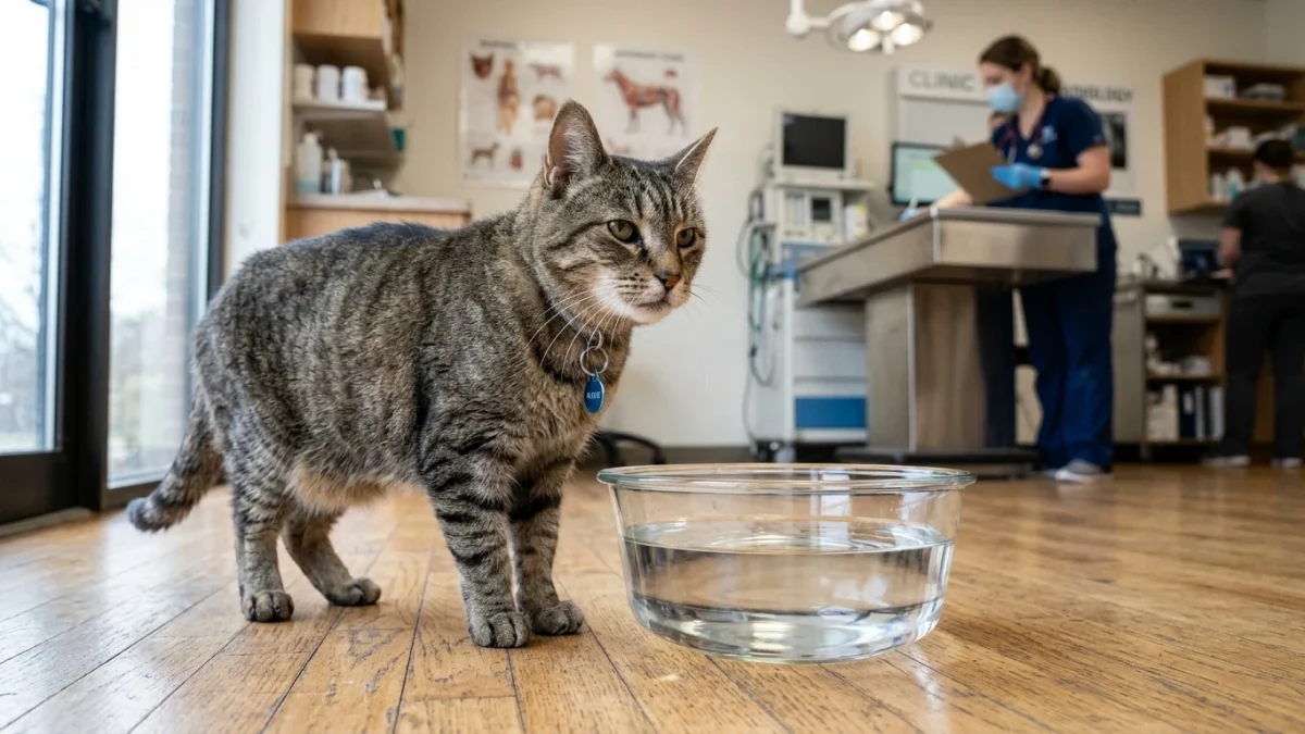 A veterinarian and technician observing an older tabby cat standing calmly beside a fresh glass water bowl in a bright veterinary clinic.