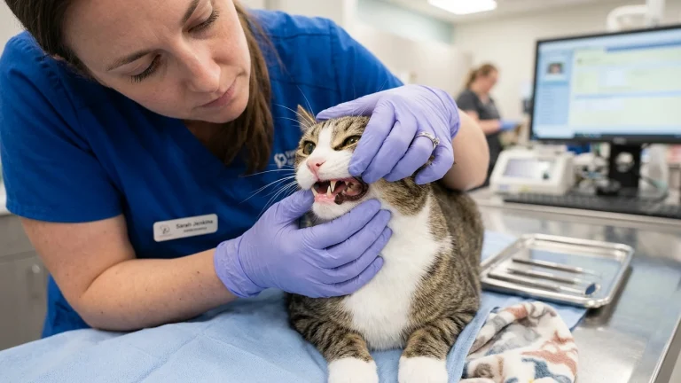 A veterinarian gently inspecting the oral cavity and inflamed gumline of an adult cat in a veterinary clinic.