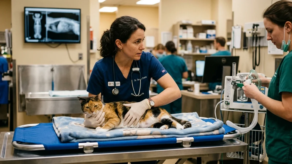 A veterinarian in blue scrubs carefully examining a calico cat on a stretcher in a veterinary emergency room with X-ray images and oxygen equipment visible.