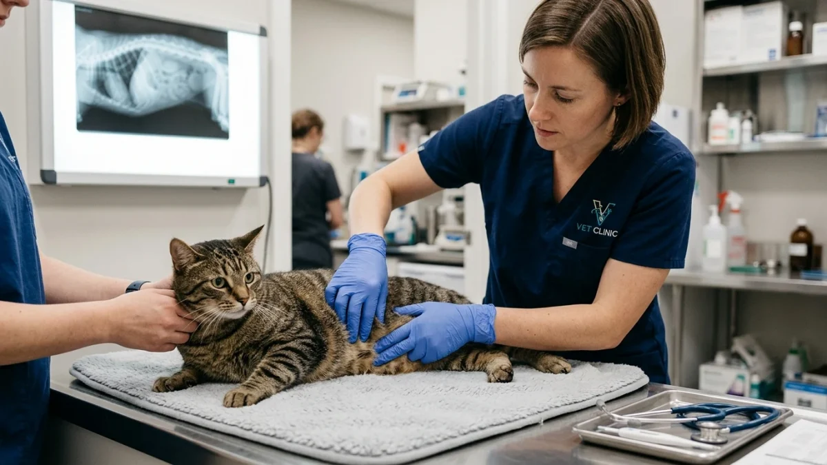 A veterinarian in blue scrubs palpating the abdomen of a tabby cat on an examination table with an X-ray lightbox showing an abdominal radiograph in the background.