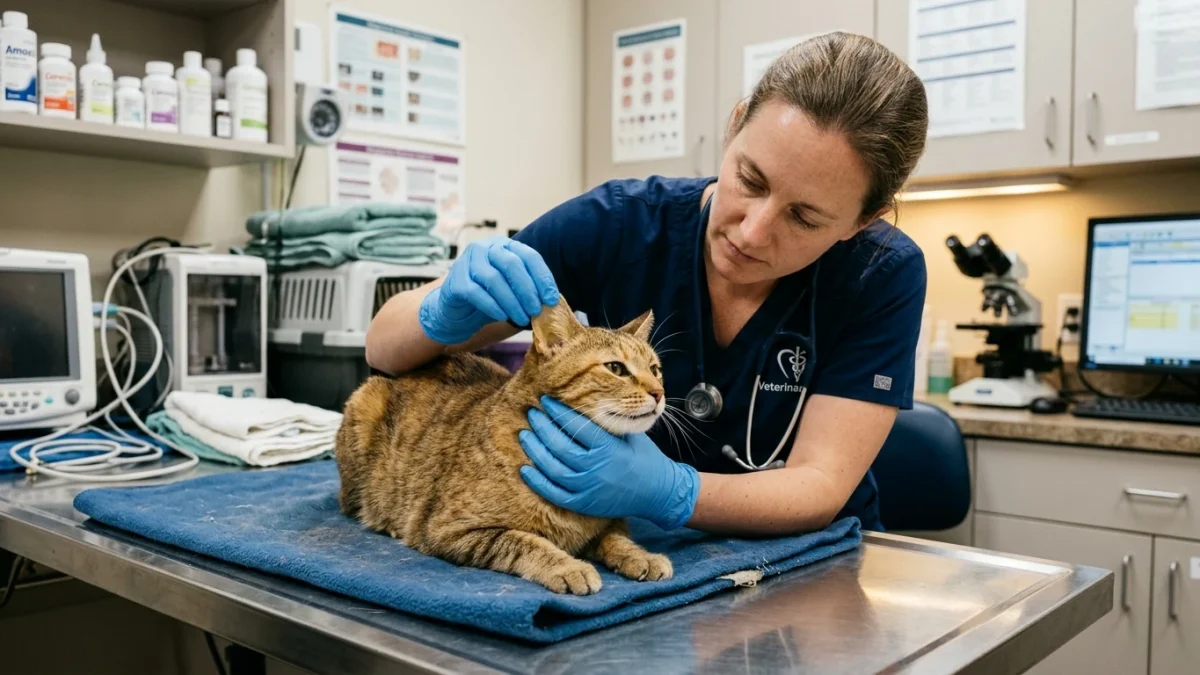 Veterinarian using medical gloves to inspect the inner ear flap and gums of a cat for yellow jaundice.