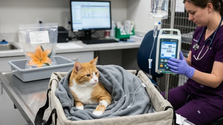 Cat receiving continuous emergency intravenous fluid therapy for true lily toxicosis in veterinary ICU next to botanical diagnostic flower sample.