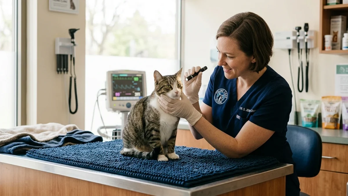 A veterinarian gently examining a domestic cat eyes and ears with a medical penlight in a feline-friendly exam room.