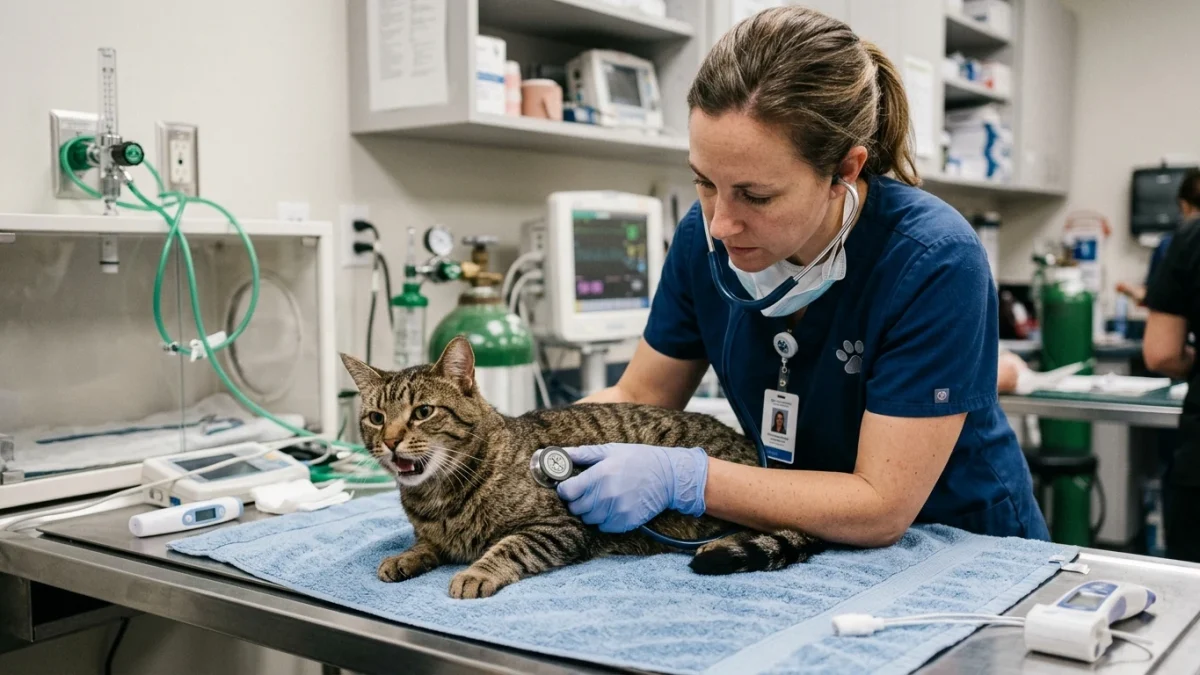 A veterinarian using a stethoscope to auscultate the chest of a tabby cat with open-mouth breathing on an examination table with oxygen equipment in the background.