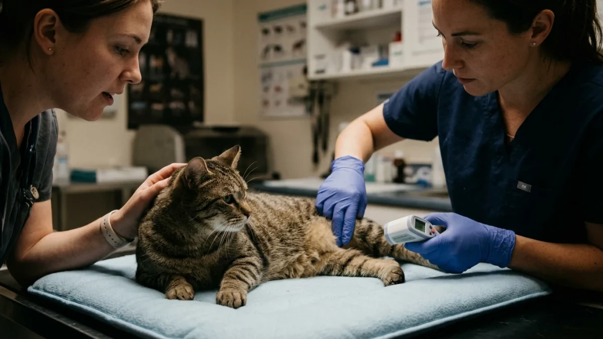 Veterinarian gently palpating the inner thigh femoral pulse and checking rear paw temperature in a cat with sudden hind limb paralysis.
