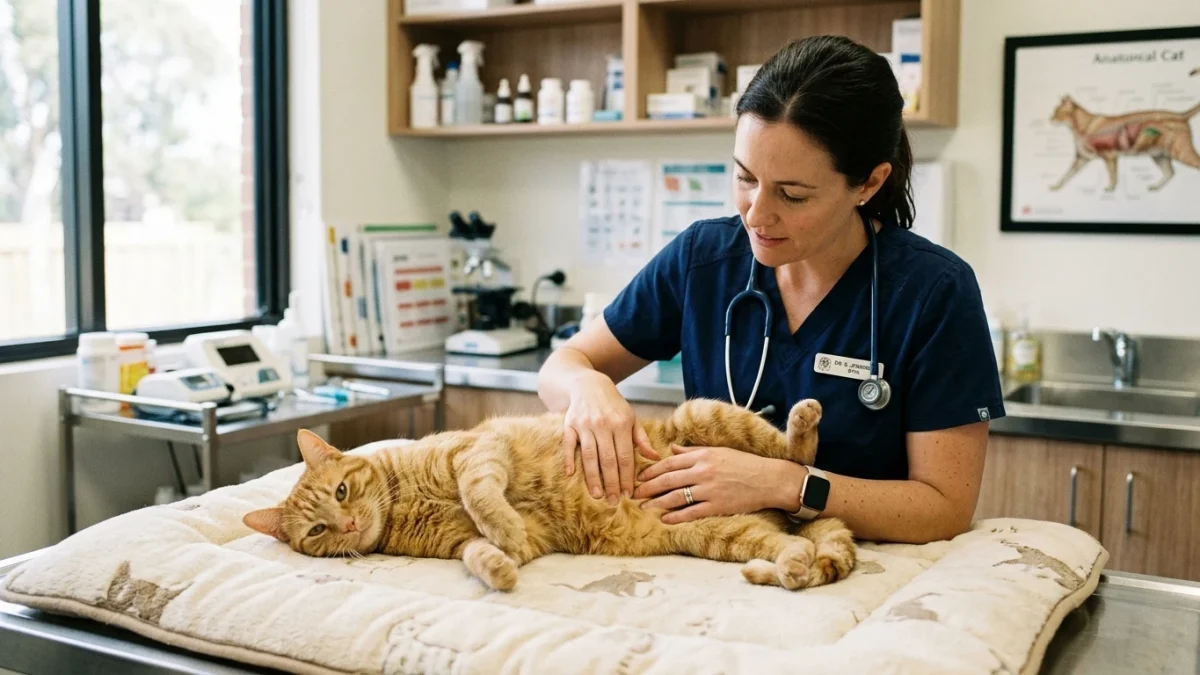 A veterinary doctor gently checking the lower abdomen of a cat lying on an examination mat.
