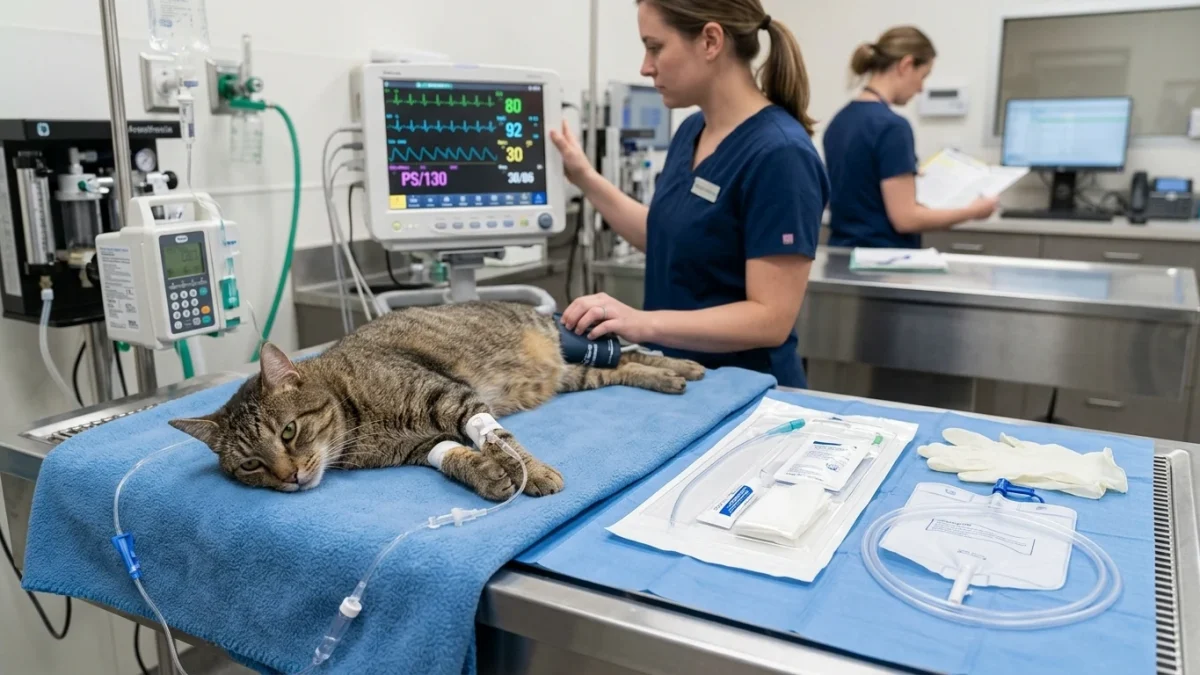 Male cat undergoing emergency ICU stabilization with cardiac monitoring and sterile urinary catheterization kit for acute feline urethral obstruction.
