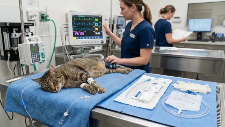 Male cat undergoing emergency ICU stabilization with cardiac monitoring and sterile urinary catheterization kit for acute feline urethral obstruction.