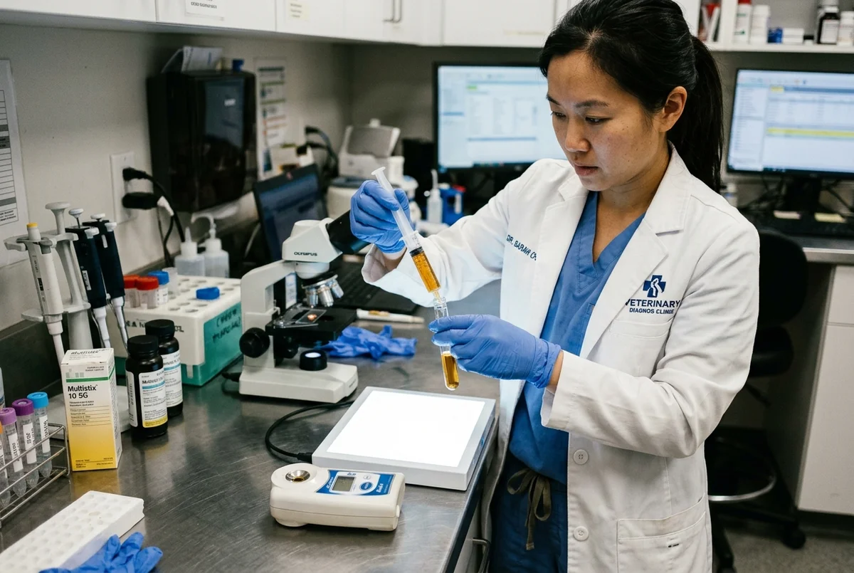 Veterinarian in lab coat inspecting amber feline urine sample beside clinical refractometer and microscope