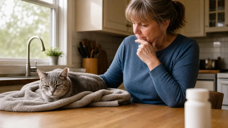 A close-up of a domestic cat resting near a clean water fountain, illustrating feline urinary hydration and care.