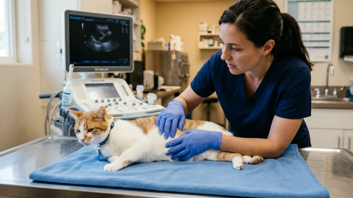 A veterinarian wearing blue gloves gently palpates the abdomen of a distressed cat on a veterinary examination table with an ultrasound machine in the background.
