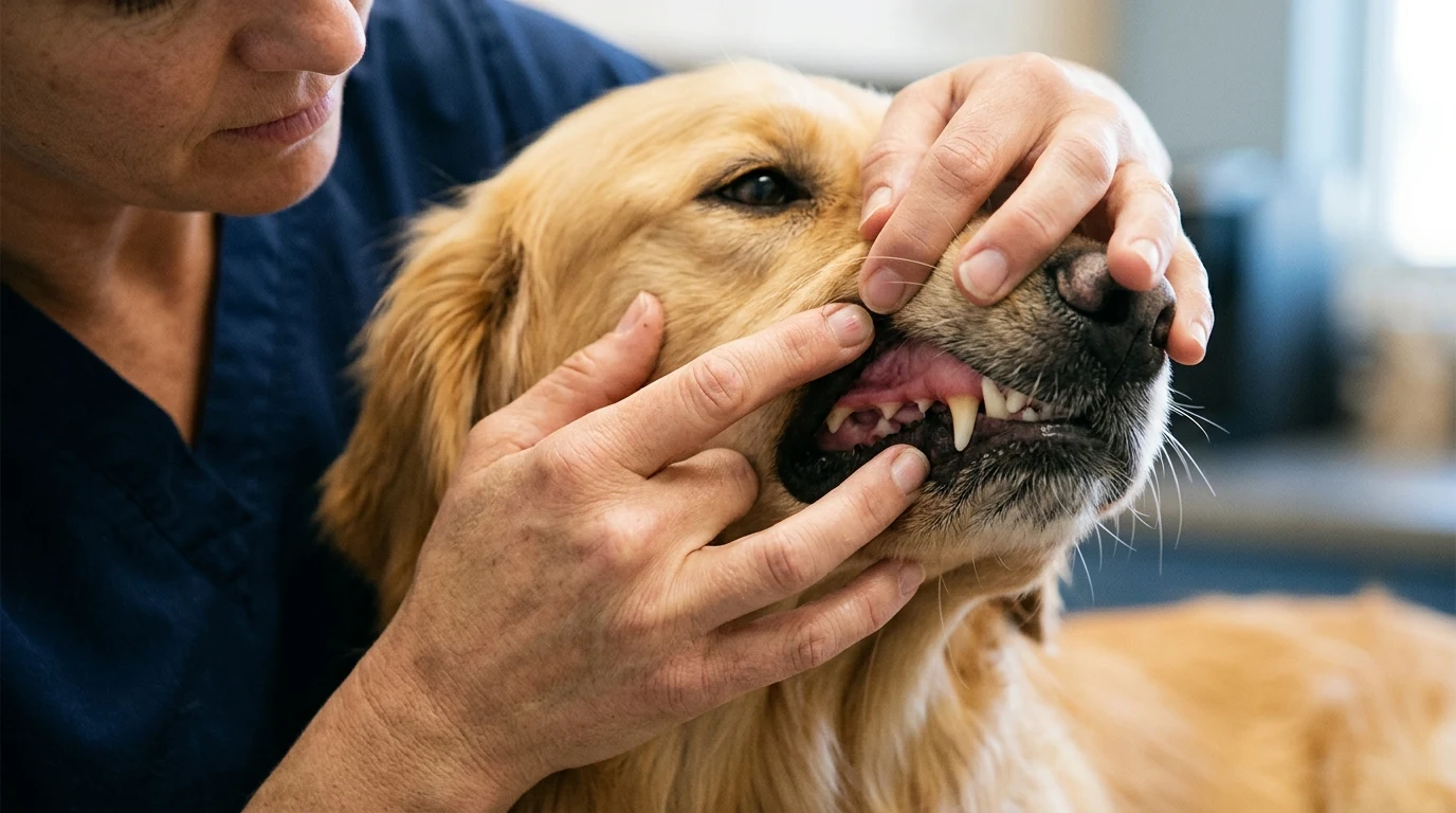 Gentle caregiver lifting a dog's upper lip to examine healthy pink gums and capillary refill time