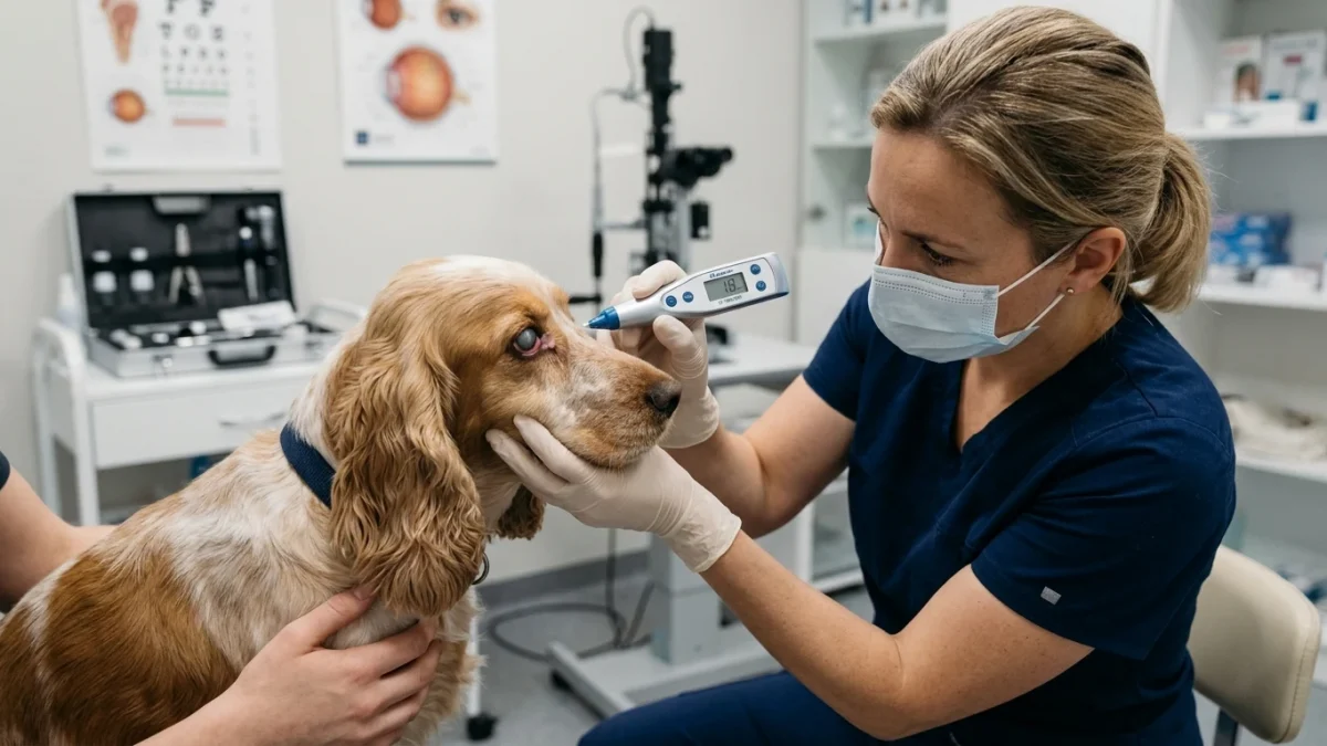 Veterinary ophthalmologist measuring intraocular pressure with an electronic rebound tonometer in a dog with cloudy cornea and acute glaucoma.