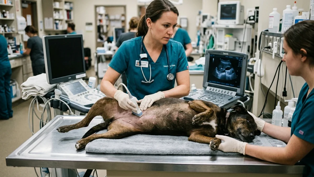 Veterinarian performing an abdominal ultrasound on an adult dog to diagnose acute pancreatitis and abdominal pain.