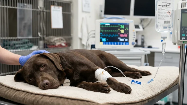 Lethargic dog receiving emergency 0.9 percent saline infusion therapy in veterinary intensive care unit for Addisonian crisis collapse with ECG cardiac monitoring.