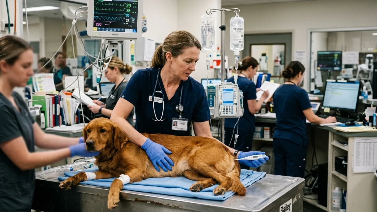 A veterinarian in scrubs monitoring the vital signs and heart rate of a dog undergoing emergency decontamination and intravenous fluid therapy on an exam table.