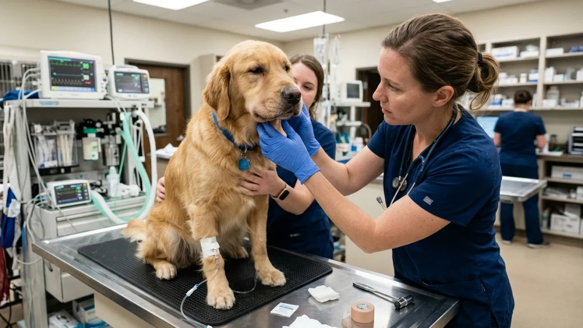 A veterinarian examining the swollen muzzle of a golden retriever in a veterinary emergency room after an insect sting allergic reaction.
