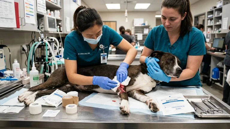 A veterinarian applying direct pressure with sterile gauze to a wound on a dog's leg while a vet tech restrains the dog on a stainless steel examination table.