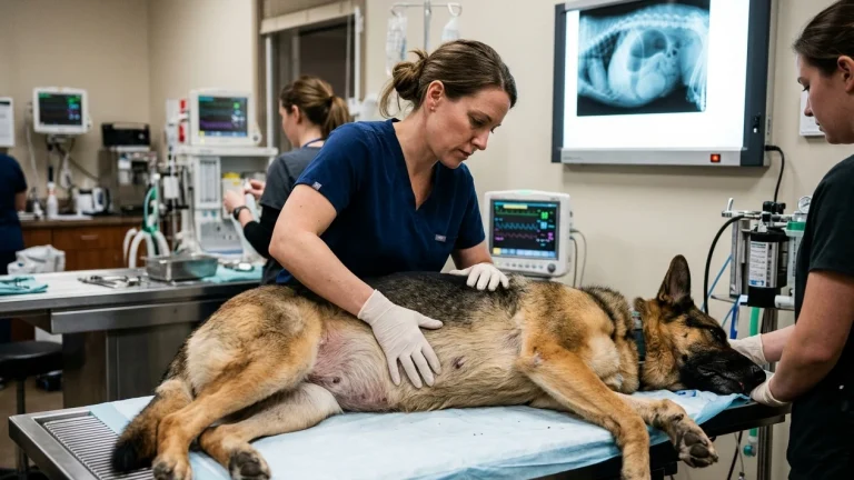 A veterinarian palpating the distended abdomen of a German Shepherd lying on an emergency exam table with an X-ray visible in the background.