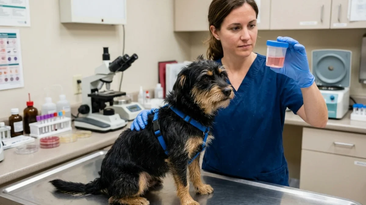 A veterinarian inspects a urine sample collection container showing discolored urine while examining a dog on a clinic table.