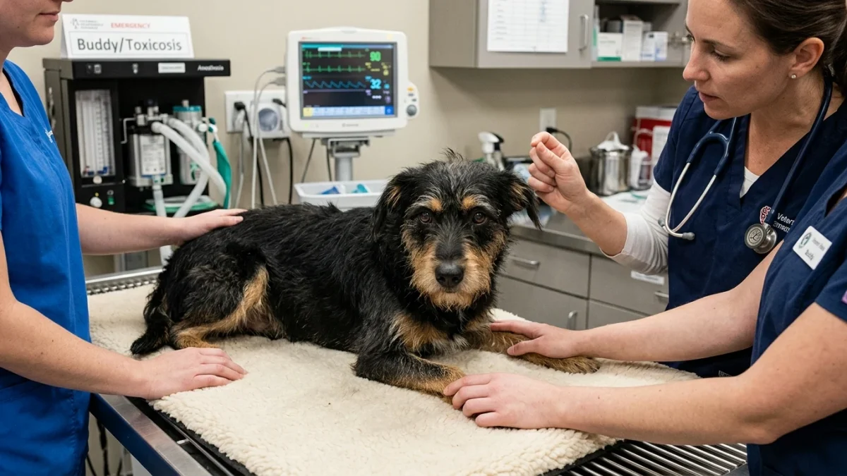 Veterinarian evaluating hyperesthesia and sensory startle reflexes in a dog suffering from acute cannabis THC toxicosis on exam table.