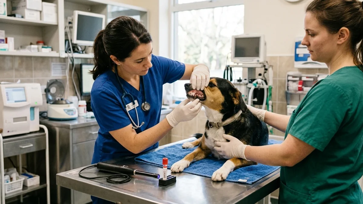 Veterinarian examining the oral mucous membranes and preparing a Wood's lamp for diagnostic toxicology evaluation in a dog with antifreeze ingestion.