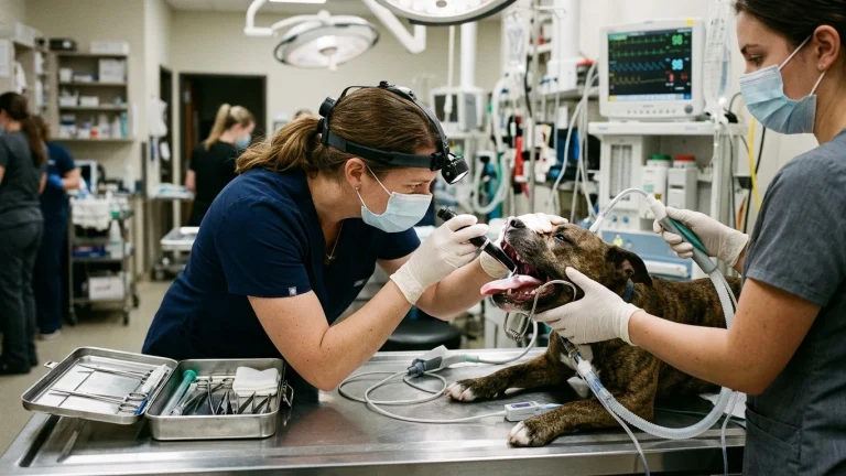 Veterinarian using a laryngoscope and gentle mouth gag to inspect the laryngeal airway of a choking dog in an emergency clinic.